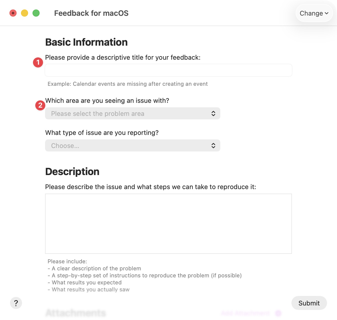 Screenshot of the &ldquo;New Feedback&rdquo;-dialog with labels highlighting a text-field and a select with a placeholder-text