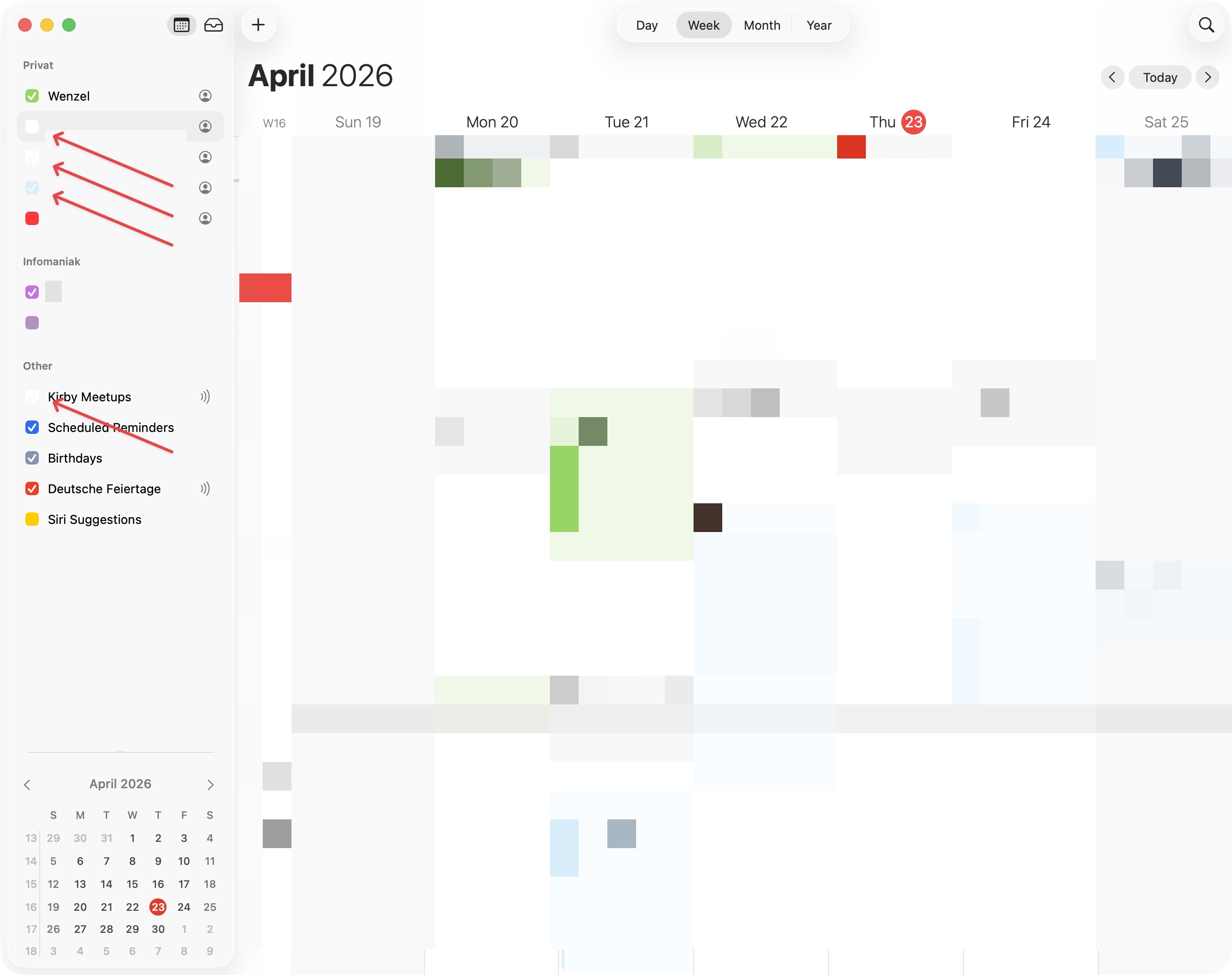 Screenshot of Apple Calendar on macOS Tahoe with red arrows pointing towards checkmarks of unknowable state.