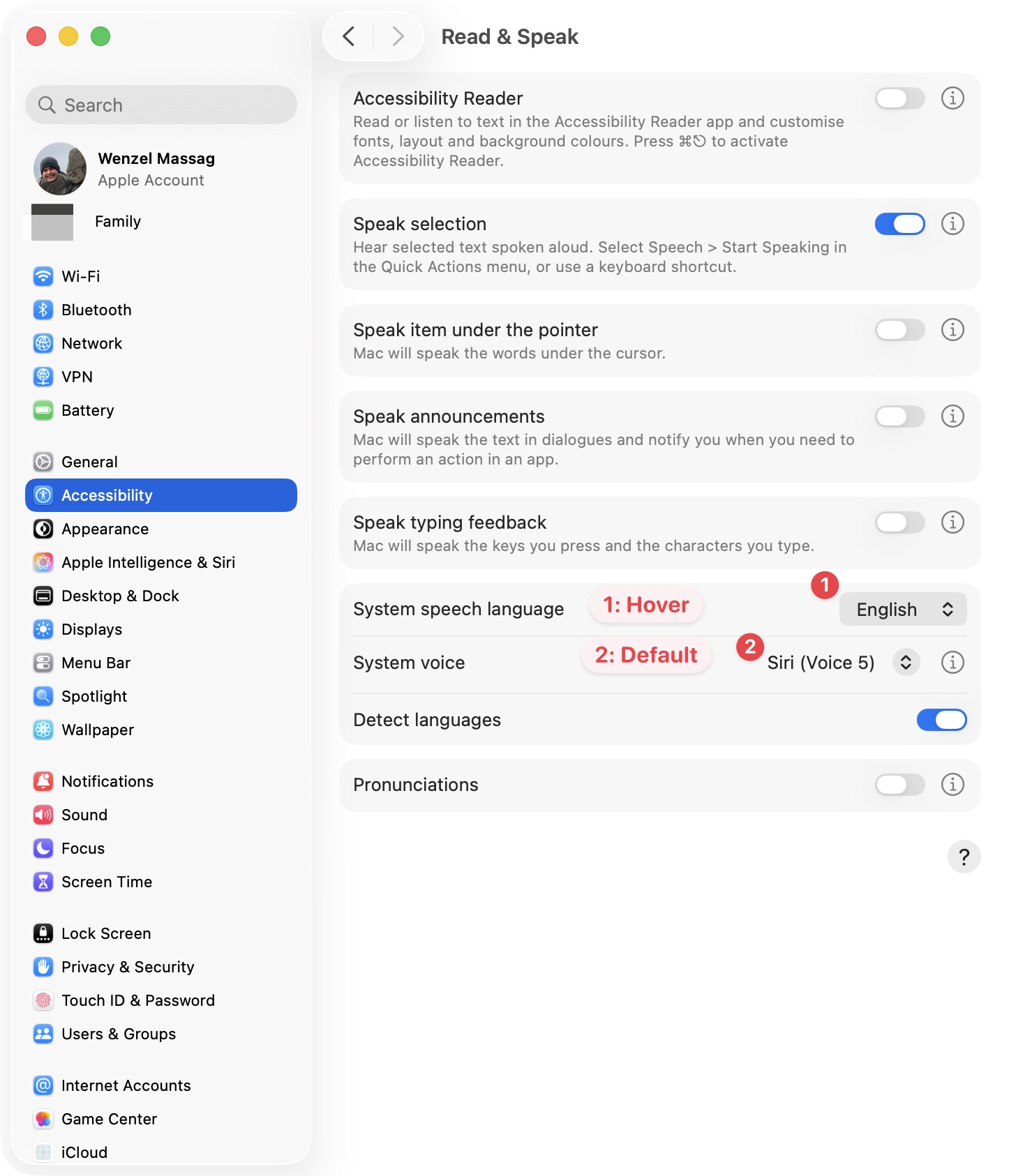 Screenshot of System Settings with red labels pointing towards two select-inputs.